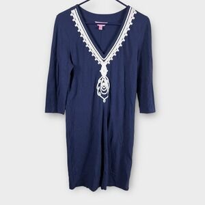 Lilly Pulitzer Tidewater 3/4 Sleeve Embroidered Tunic Dress‎ Navy Blue Medium